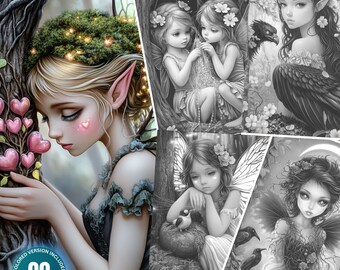 May include: Digital art featuring a collection of fairy illustrations in both color and grayscale. The images showcase various fairy designs, including those with wings and floral accents. The text reads "SEELIE AND UNSEELIE FAIRIES" and "90 COLORING PAGES".