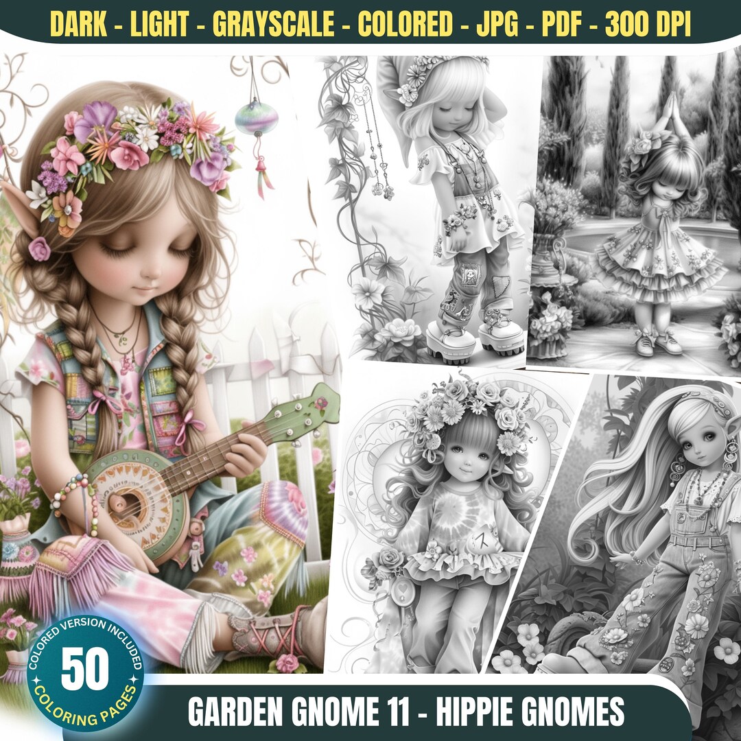 Garden Gnome 11: Hippie Gnome - 50 Coloring Pages for Adults and Kids ...