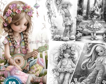 Garden Gnome 11: Hippie Gnome - 50 Coloring Pages for Adults and Kids Instant Download Grayscale Coloring Book Printable PDF & JPG Bundle