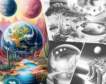 Paisajes oníricos galácticos: 70 páginas para colorear para adultos y niños. Descarga instantánea. Libro para colorear en escala de grises. Imprimible en formato PDF y JPG. Juego de colorear de fantasía.