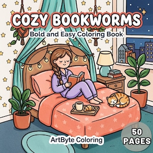 Puede incluir: Una portada de libro para colorear titulada COZY BOOKWORMS Bold and Easy Coloring Book con una ilustración de una persona con trenza leyendo en la cama con un gato, una bandeja con taza y cruasán, plantas y una ventana nocturna, 50 PAGES.