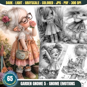 Nain de jardin 5 : Gnome Emotions - 65 pages à colorier pour adultes et enfants, téléchargement immédiat, livre de coloriage en niveaux de gris imprimable PDF et JPG