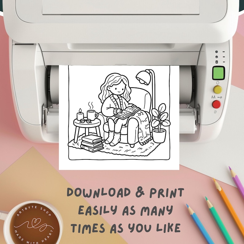 May include: Black and white line art print of a person reading in a cozy setting, printed from a printer. The image includes a chair, side table with a cup and candles, and the text "DOWNLOAD & PRINT EASILY AS MANY TIMES AS YOU LIKE."