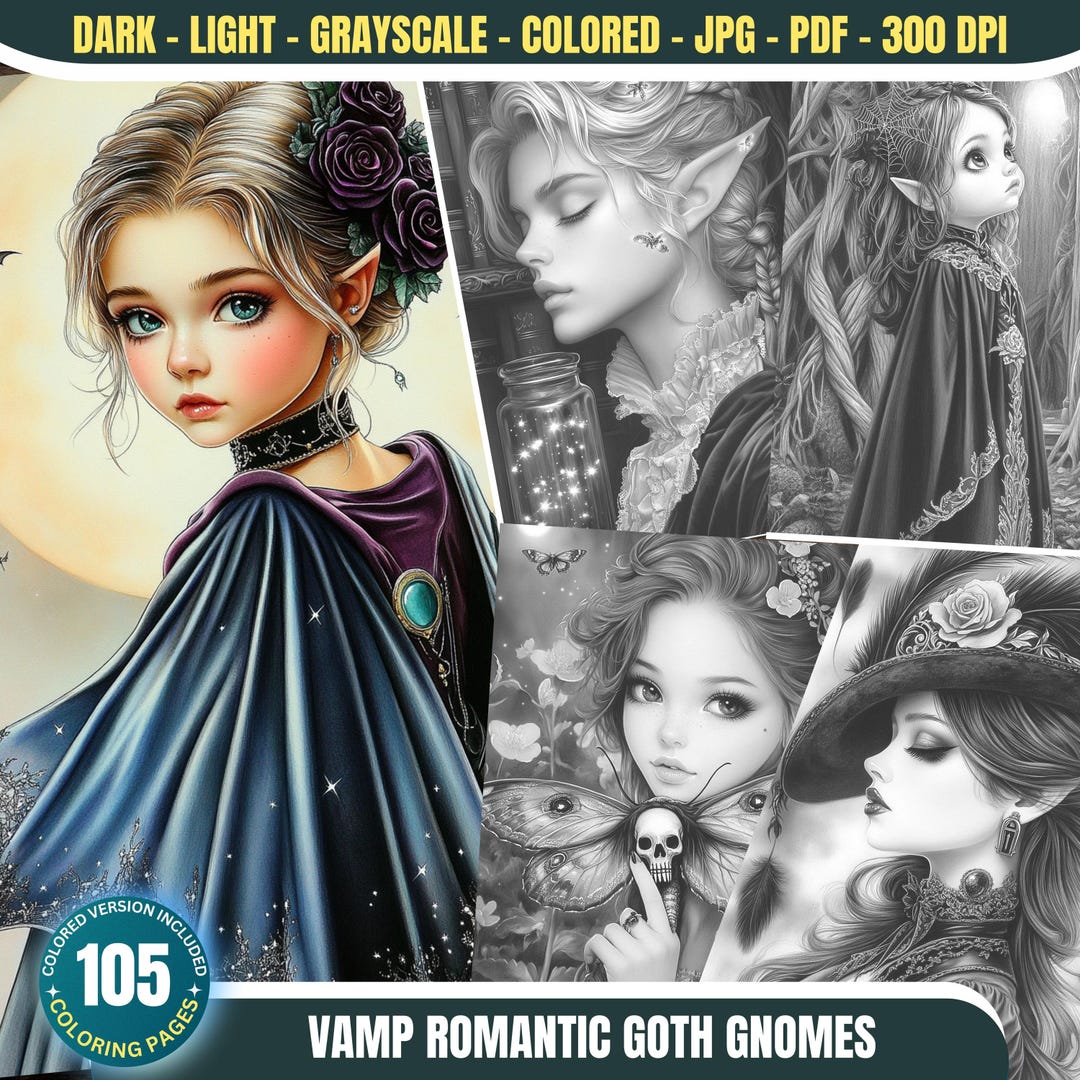 Vamp Romantic Goth Gnomes Coloring Book, Romantic Goth Art Greyscale ...
