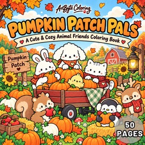 Pode incluir: Um livro de colorir intitulado Pumpkin Patch Pals com um carrinho vermelho cheio de abóboras e animais fofos, incluindo um coelho, filhote, gatinho, pintinho, esquilo, pinguim e cervo em um cenário de outono com um celeiro.