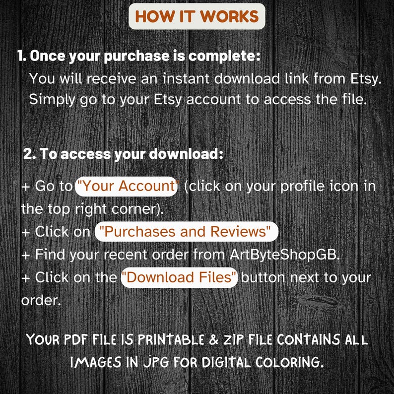 May include: A digital download guide on a wooden background, titled "HOW IT WORKS." Instructions detail accessing the download from Etsy after purchase, including steps to find the file in "Purchases and Reviews" and click "Download Files."