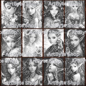 May include: A digital coloring book featuring eight black and white illustrations of fairies with wings and flowers. The illustrations are in a square format and have the text "ArtByte Shop" at the top and bottom of each image.