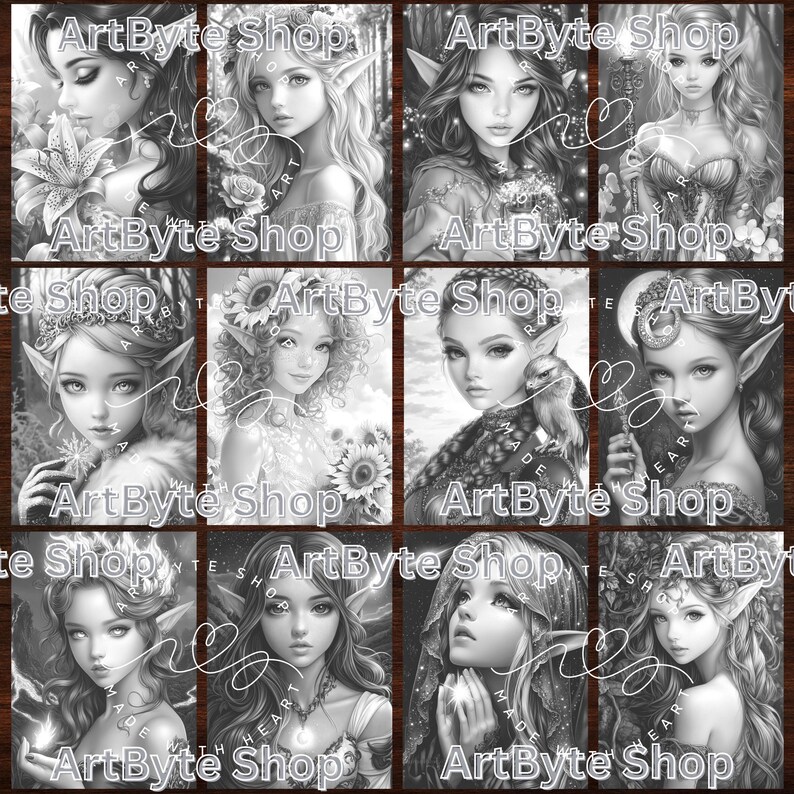 May include: A digital coloring book featuring eight black and white illustrations of fairies with wings and flowers. The illustrations are in a square format and have the text "ArtByte Shop" at the top and bottom of each image.