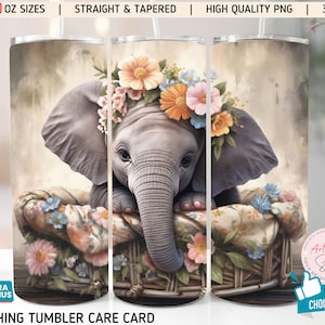 Cute Baby Elephant 20 oz and 30 oz Tumbler Wrap PNG Sublimation Design Boho Flowers Instant Digital Download Straight & Tapered Tumbler Wrap