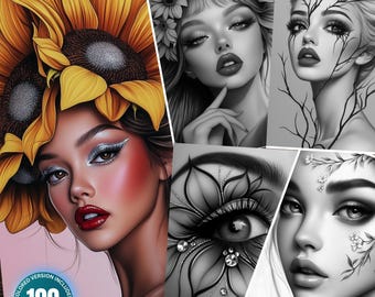 Flower Inspired Makeup: 100 Coloring Pages for Adults and Kids Instant Download Grayscale Coloring Book PDF&JPG Beautiful Women Coloring Set