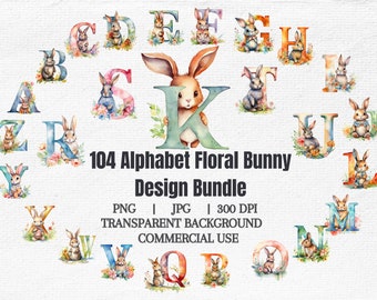Magical Floral Bunny Alphabet Watercolor Clipart Bundle - 300 DPI, PNG Bundle, JPG Bundle, Instant Download and Commercial Use