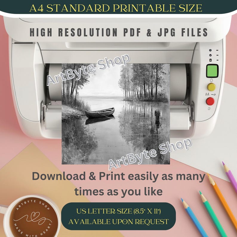 May include: A black and white printable image of a lake scene with trees, a boat, and a person fishing. The image is displayed on a printer with the text "ArtByte Shop" on the screen. The text "Download & Print easily as many times as you like" is below the printer. The text "US LETTER SIZE (8.5" X 11") AVAILABLE UPON REQUEST" is below the text.