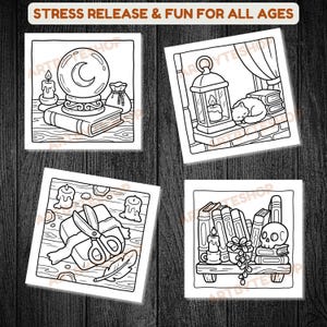 May include: Four square black and white illustrations with a witchy theme. One shows a crystal ball, a crescent moon, and a book. Another depicts a lantern and a sleeping cat. The third shows scissors and a feather. The last shows a skull and books. The text at the top says "STRESS RELEASE & FUN FOR ALL AGES."