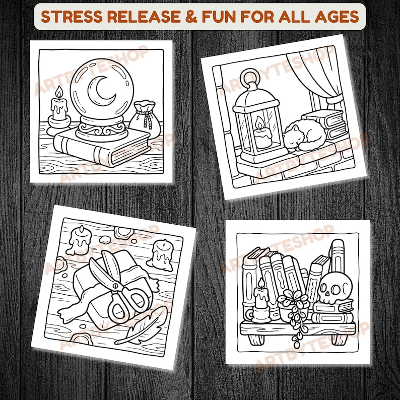 May include: Four square black and white illustrations with a witchy theme. One shows a crystal ball, a crescent moon, and a book. Another depicts a lantern and a sleeping cat. The third shows scissors and a feather. The last shows a skull and books. The text at the top says "STRESS RELEASE & FUN FOR ALL AGES."