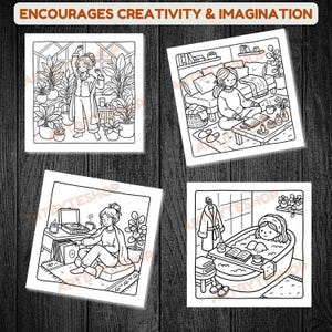 May include: Four square black and white illustrations depicting relaxing scenes. One shows a person in a greenhouse, another in a living room, a third with a record player, and the last in a bathtub. The text at the top reads "ENCOURAGES CREATIVITY & IMAGINATION."