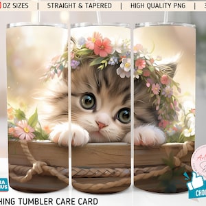 Cute Kitten 20 oz en 30 oz Tumbler Wrap PNG Sublimatie Design, Boho Bloemen Instant Digitale Download Rechte & Taps toelopende Tumbler Wrap PNG