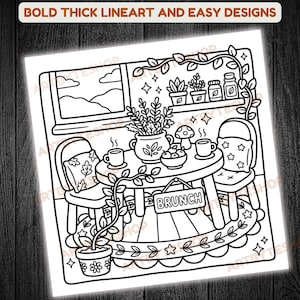 May include: Black and white line art illustration of a brunch scene. A table with two chairs, cups, and a sign that says "Brunch". The scene includes plants, a window, and decorative elements. The text at the top says "BOLD THICK LINEART AND EASY DESIGNS".