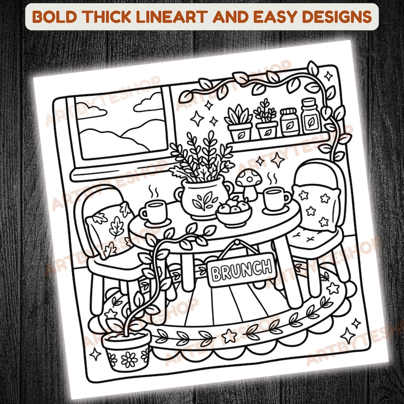 May include: Black and white line art illustration of a brunch scene. A table with two chairs, cups, and a sign that says "Brunch". The scene includes plants, a window, and decorative elements. The text at the top says "BOLD THICK LINEART AND EASY DESIGNS".