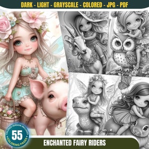 Enchanted Fairy Riders: 55 Coloring Pages for Adults and Kids Instant Download Grayscale Coloring Book Printable PDF & JPG Fairy girl bundle