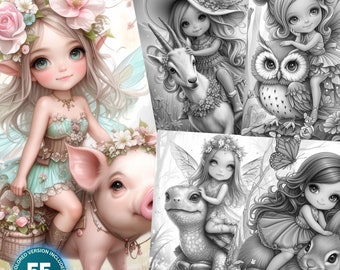 Enchanted Fairy Riders: 55 Coloring Pages for Adults and Kids Instant Download Grayscale Coloring Book Printable PDF & JPG Fairy girl bundle