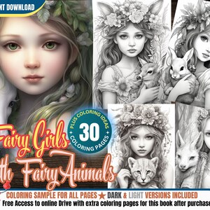 Zarte Waldfee Mädchen mit Elfen Tiere Fantasy Anime Malseite für Erwachsene + Kinder Graustufen Malseite Geschenk, Printable Art PDF