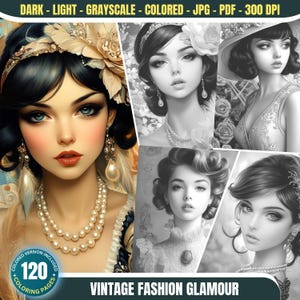 Vintage Fashion Glamour: 120 Coloring Pages for Adults Instant Download Grayscale Coloring Book PDF& JPG Beautiful 1920&#39;s Women Coloring Set