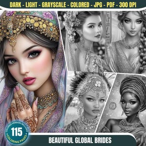 Puede incluir: Un libro para colorear con ilustraciones de novias de todo el mundo. La portada muestra cuatro novias con tocados y joyas tradicionales. El título del libro es "Beautiful Global Brides". Incluye 115 páginas para colorear.