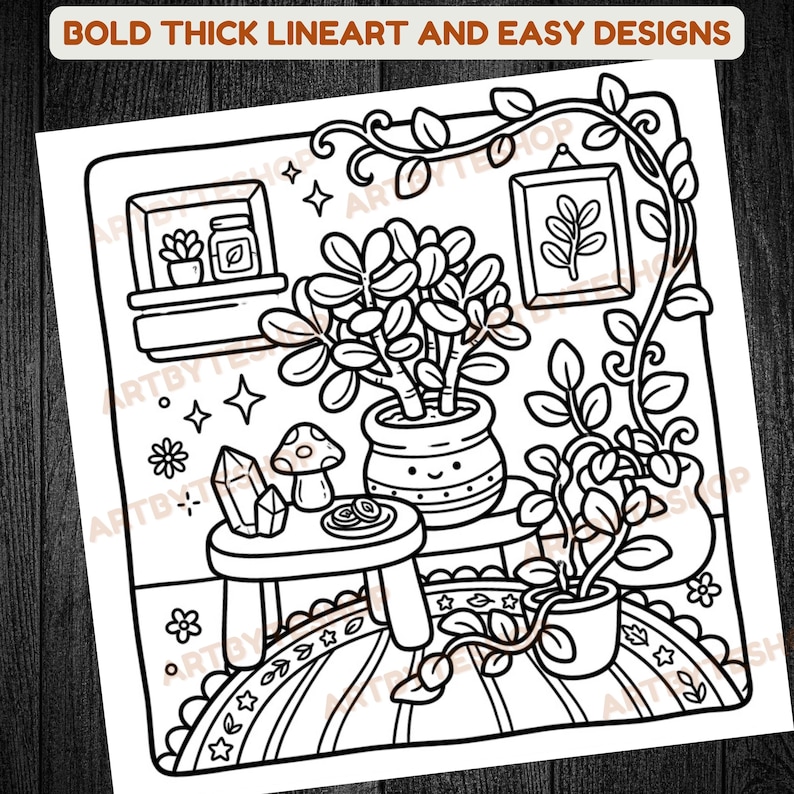 May include: Black and white line art illustration of a cozy indoor scene with plants, a table, and a shelf. The image includes the text "BOLD THICK LINEART AND EASY DESIGNS". The illustration features a variety of potted plants, a mushroom, and a framed picture.