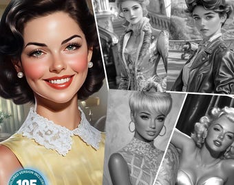 Glamour Vintage Portraits: 105 Coloring Pages for Adults and Kids Instant Download Grayscale Coloring Book PDF& JPG Beautiful Women Coloring