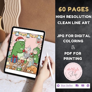 May include: A digital coloring book displayed on a tablet, featuring a festive kitchen scene with a green monster and a child in a dinosaur costume. The image includes the text "60 PAGES, HIGH RESOLUTION, CLEAN LINE ART, JPG FOR DIGITAL COLORING & PDF FOR PRINTING".