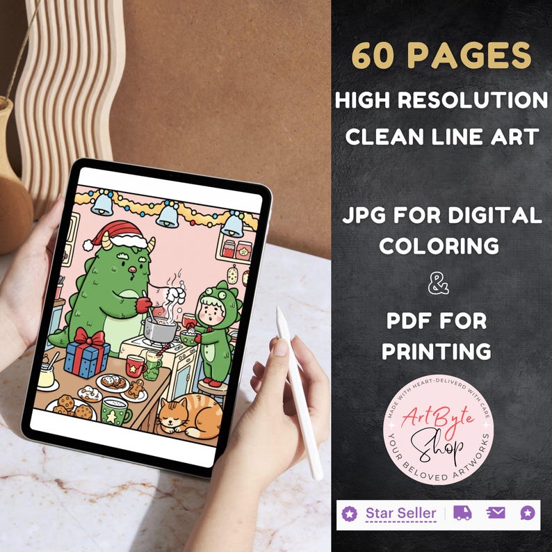 May include: A digital coloring book displayed on a tablet, featuring a festive kitchen scene with a green monster and a child in a dinosaur costume. The image includes the text "60 PAGES, HIGH RESOLUTION, CLEAN LINE ART, JPG FOR DIGITAL COLORING & PDF FOR PRINTING".