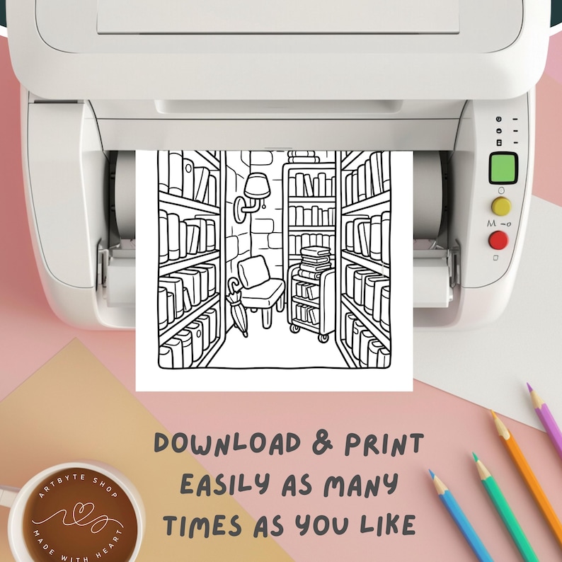 May include: A black and white line drawing of a library scene is printed from a white printer. The drawing features bookshelves, a chair, and an umbrella. Text on the image reads "DOWNLOAD & PRINT EASILY AS MANY TIMES AS YOU LIKE."
