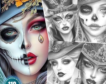 May include: A digital art print featuring mystical gothic and spooky witches portraits. The image includes a colored version and grayscale versions. The text on the image says "110 coloring pages".
