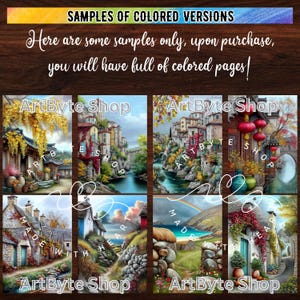 May include: A digital art print featuring six colorful landscape scenes. The top text reads "SAMPLES OF COLORED VERSIONS". The bottom text reads "ArtByte Shop" and "MADE WITH HEART". The images include buildings, water, and a rainbow.