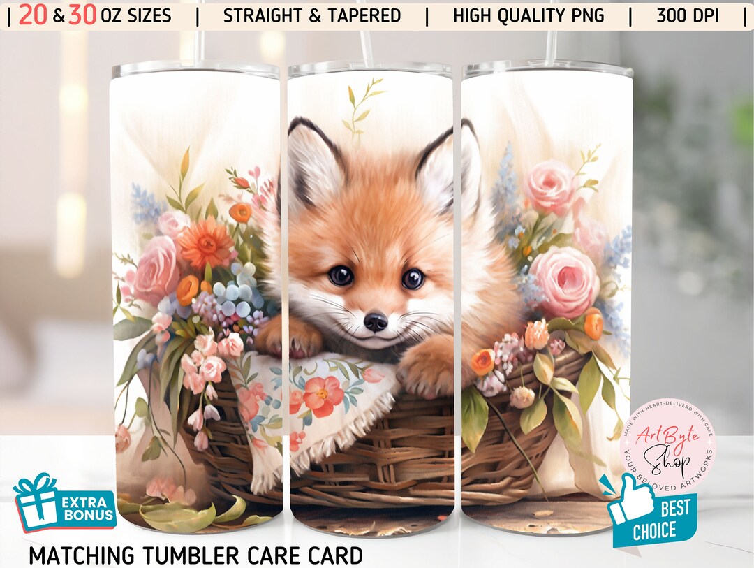 Cute Baby Fox 20 Oz and 30 Oz Tumbler Wrap PNG Sublimation Design, Boho ...