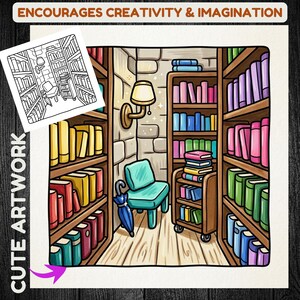May include: A colorful illustration of a library interior with bookshelves filled with books. A teal chair and a blue umbrella are in the center. The image includes the text "ENCOURAGES CREATIVITY & IMAGINATION" and "CUTE ARTWORK".