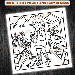 May include: Black and white line art illustration of a person watering plants in a greenhouse. The image includes the text "BOLD THICK LINEART AND EASY DESIGNS". The person is wearing a hoodie and sneakers. There are several potted plants on shelves.