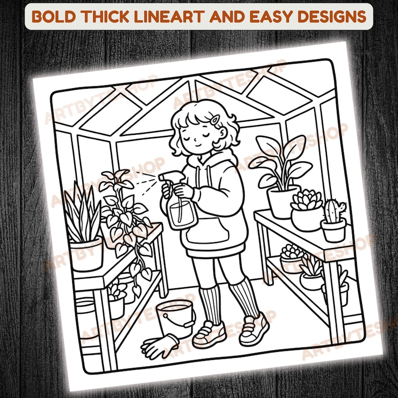 May include: Black and white line art illustration of a person watering plants in a greenhouse. The image includes the text "BOLD THICK LINEART AND EASY DESIGNS". The person is wearing a hoodie and sneakers. There are several potted plants on shelves.