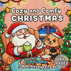 May include: A festive illustration featuring Santa Claus and a dog in a Christmas setting. Santa holds a mug, while the dog wears a Santa hat and scarf. The image includes the text "Cozy and Comfy Christmas" and "60 Pages".