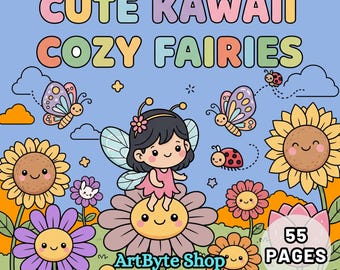 Cute Kawaii Cozy Fairies: 55 Bold and Easy Coloring Pages for Adults and Kids Instant Download Coloring Book Printable Fairy Girls Bundle