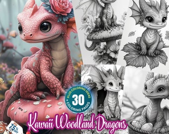 Cute Kawaii Woodland Dragons - 30 Enchanting Greyscale Coloring Pages for Adults and Kids, Dragon Woodland, Flower Dragon Castle Dragons PDF