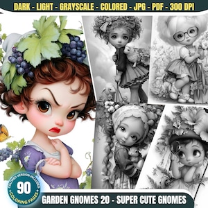 以下が含まれることがあります： さまざまな表情とアクセサリーをつけたかわいいノームが描かれた、20ページの塗り絵セット。ノームは花、葉、その他の自然にインスパイアされた要素に囲まれています。塗り絵は「ガーデンノーム20 - スーパーキュートノーム」というタイトルです。