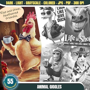 Animal Giggles- 55 zabawnych kolorowanek ze zwierzętami dla dorosłych i dzieci Natychmiastowe pobieranie Kolorowanka w skali szarości do druku PDF i JPG zwierzę