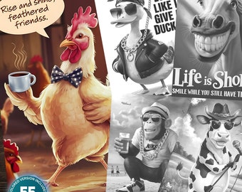Animal Giggles- 55 Funny Animals Coloring Pages Bundle for Adults and Kids Instant Download Grayscale Coloring Book Printable PDF&JPG animal