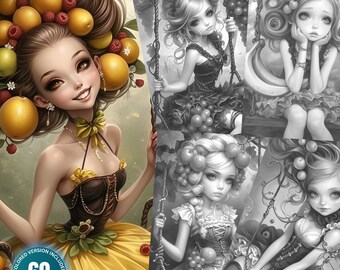Könnte beinhalten: Ein Set aus vier Malvorlagen mit fantasievollen Mädchen mit Obst-Motiven in Haaren und Kleidung. Jedes Mädchen sitzt auf einer Schaukel, umgeben von Obst und Grün. Die Malvorlagen sind mit "Whimsical Fruity Girls on Swing" beschriftet und beinhalten 60 Malvorlagen.
