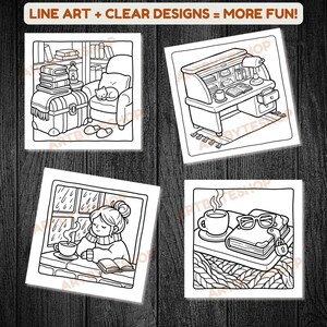 May include: Four black and white line art illustrations of cozy scenes. One shows a room with a cat, another a desk, a third a person by a window, and the last a book and coffee. Text at the top reads "LINE ART + CLEAR DESIGNS = MORE FUN!"