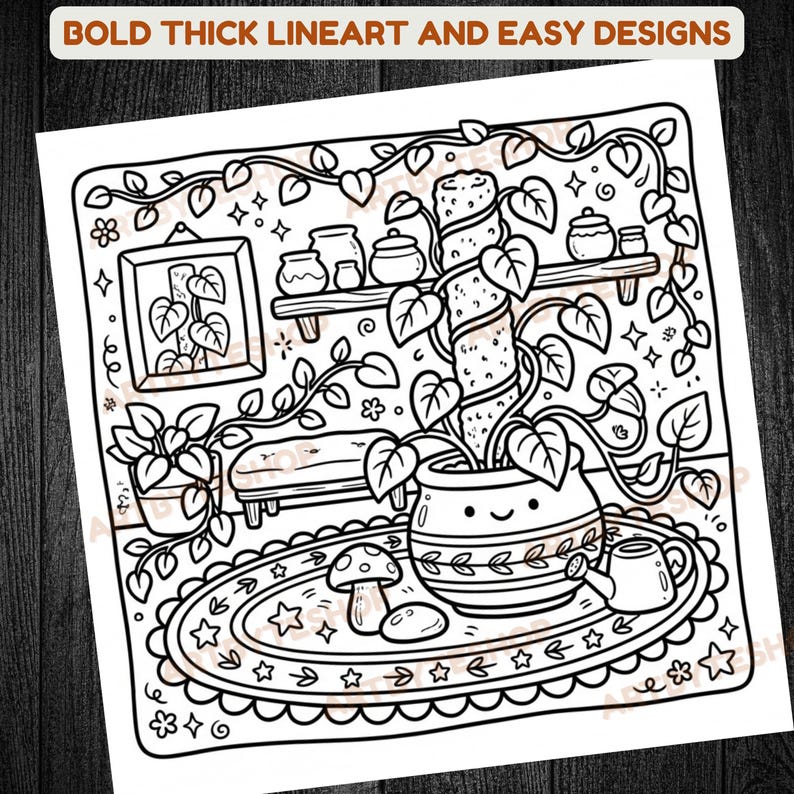 May include: Black and white line art illustration of a cozy indoor scene with a potted plant as the focal point. The image includes a shelf with jars, a framed picture, and the text "BOLD THICK LINEART AND EASY DESIGNS".