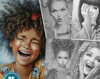 50 Shades of Girl Emotions: 85 Coloring Pages for Adults and Kids Instant Download Grayscale Coloring Printable PDF&JPG Girl Coloring Bundle