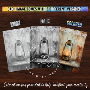 May include: Three versions of a digital painting of a lantern on a wooden surface. The first version is in black and white, the second is in shades of gray, and the third is in color with a warm, autumnal palette.
