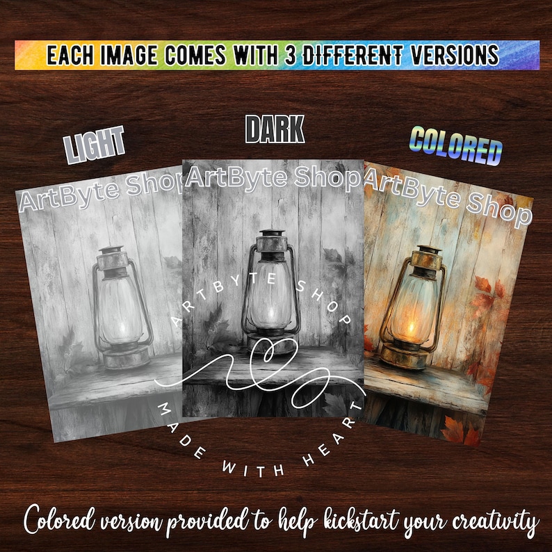 May include: Three versions of a digital painting of a lantern on a wooden surface. The first version is in black and white, the second is in shades of gray, and the third is in color with a warm, autumnal palette.